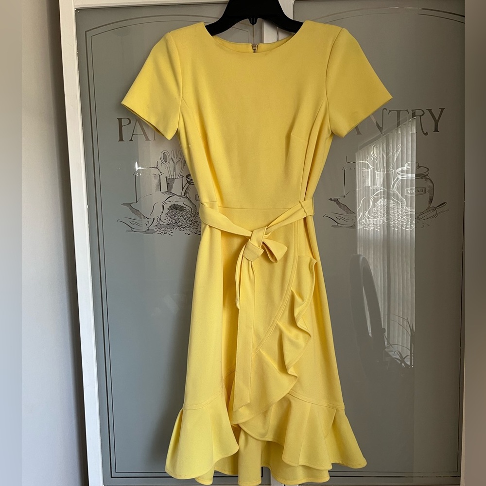 Calvin Klein Women's Yellow Ruffled Tulip-hem Short Sleeve Back Zip Crepe Dress - Picture 6 of 15
